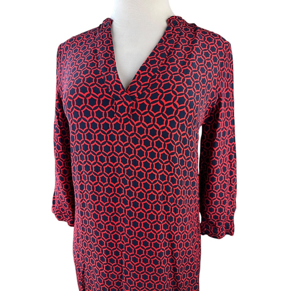 Boden V-Neck Geo Print 3/4 Sleeve Shift Dress Red & Navy Size 10 *Missing Belt* - Picture 6 of 16